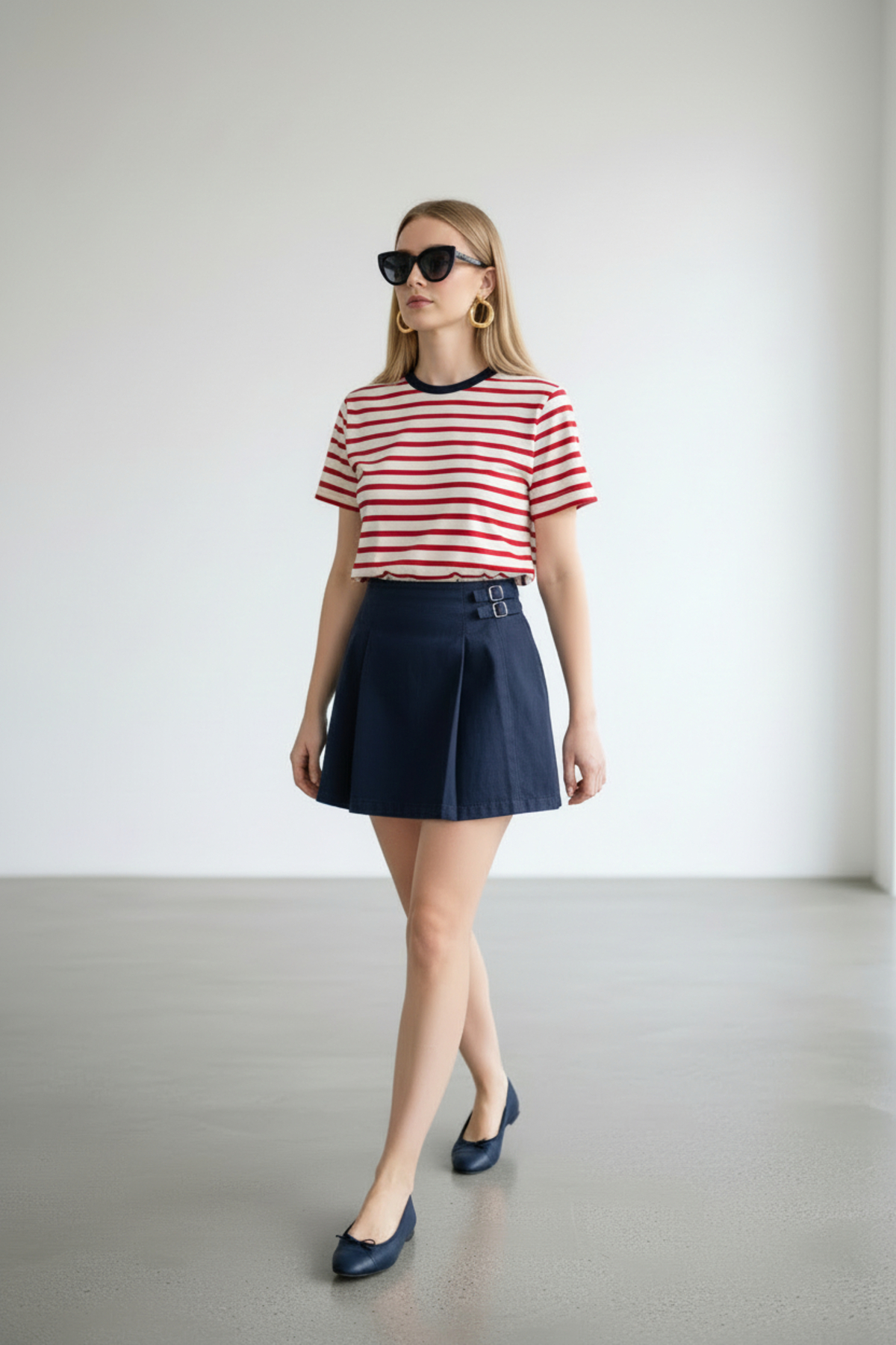 Women's Navy Blue Pleat Detailed Cotton Mini Shorts Skirt