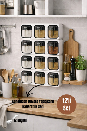 Dory 12'Li Kendinden Duvara Yapışkanlı Kaşıklı Baharatlık Takımı - Kapaklı Ba...