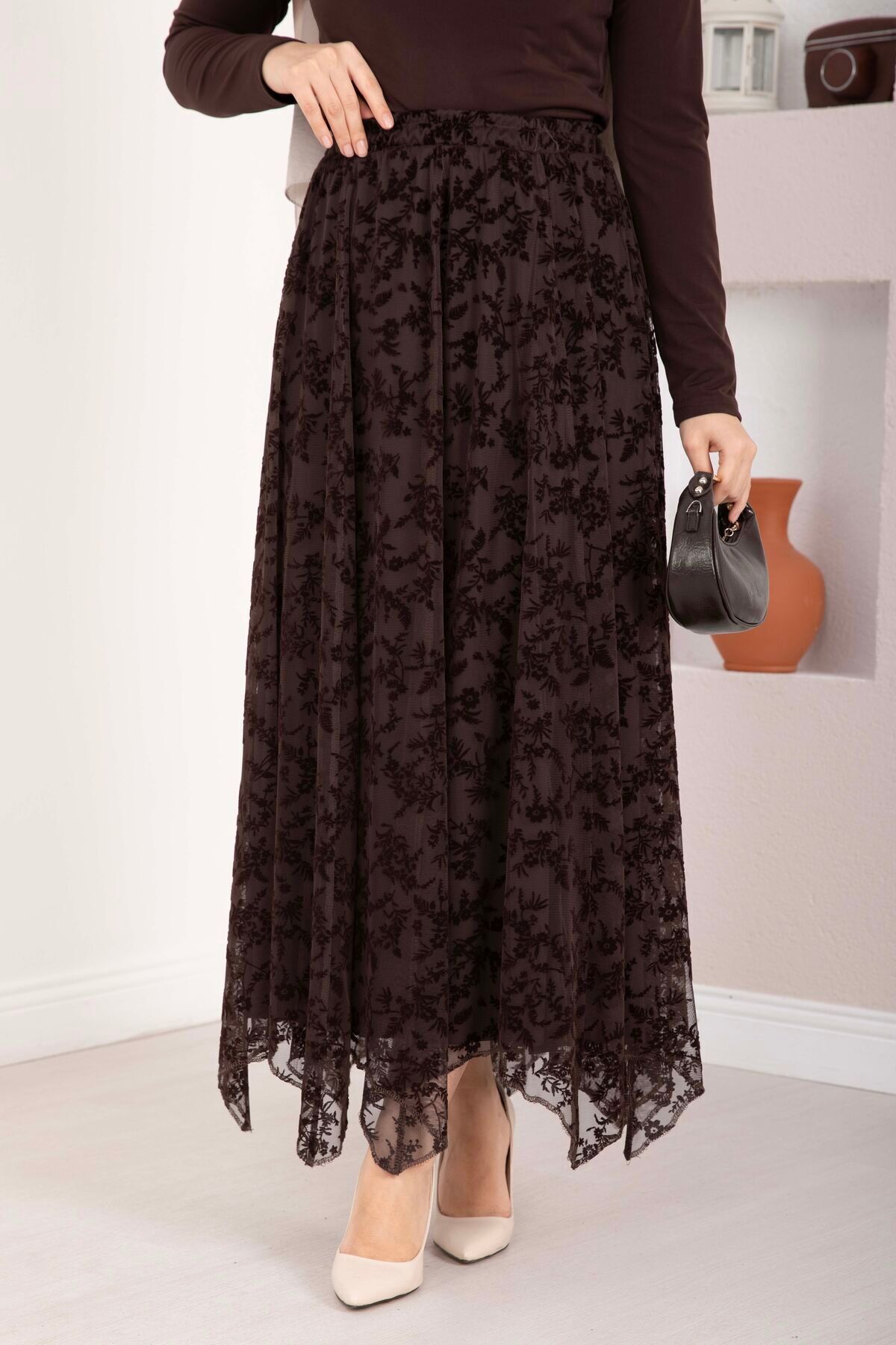 EBRUTESETTÜR  Flok Baskılı Asimetrik Kesim Tül Etek Kahve - Görsel 2