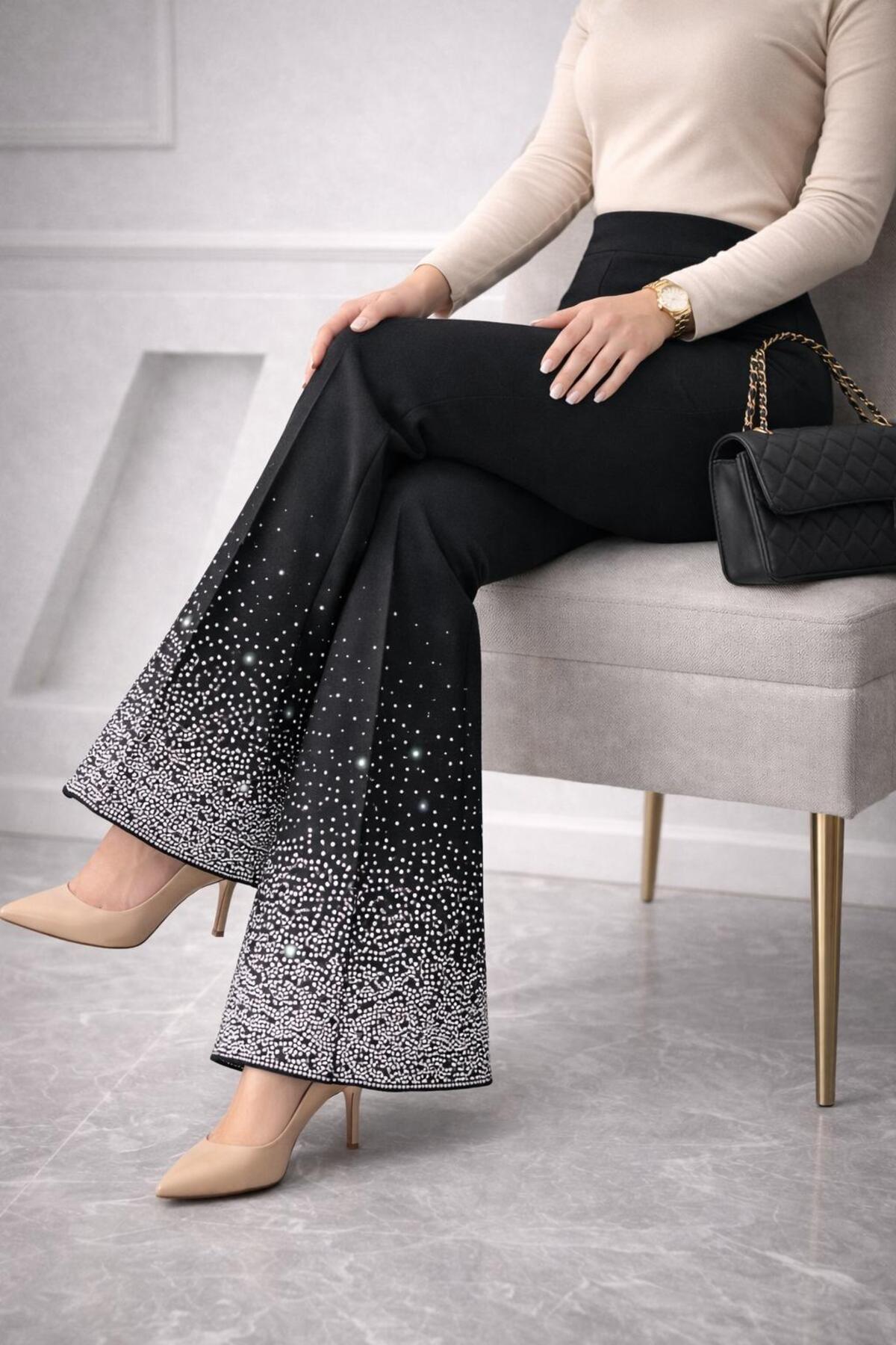 SMAEL  Kadın Siyah Yüksek Bel İspanyol Paça Taşlı Pantolon – Toparlayıcı Şık Model - Görsel 4