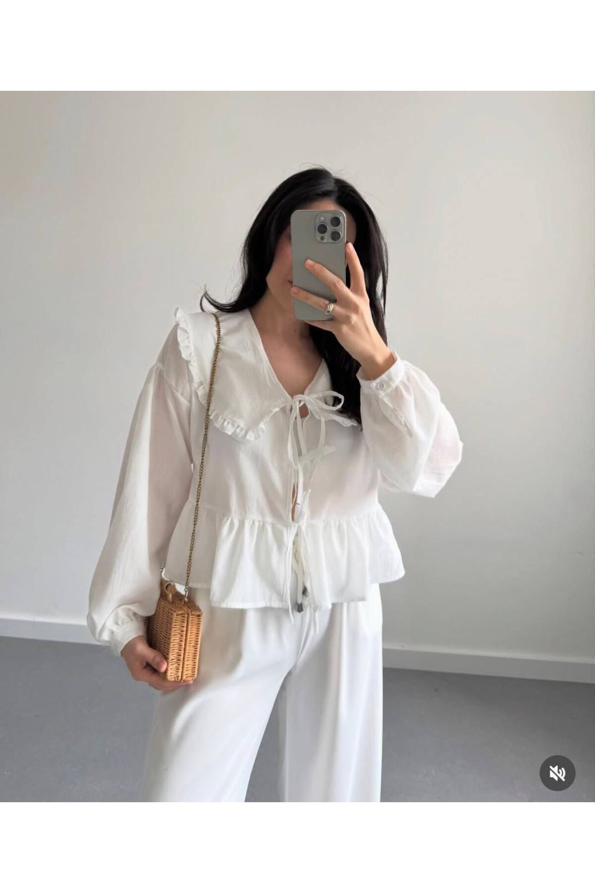 Women's White Baby Collar Tie Front Short Peplum Shirt