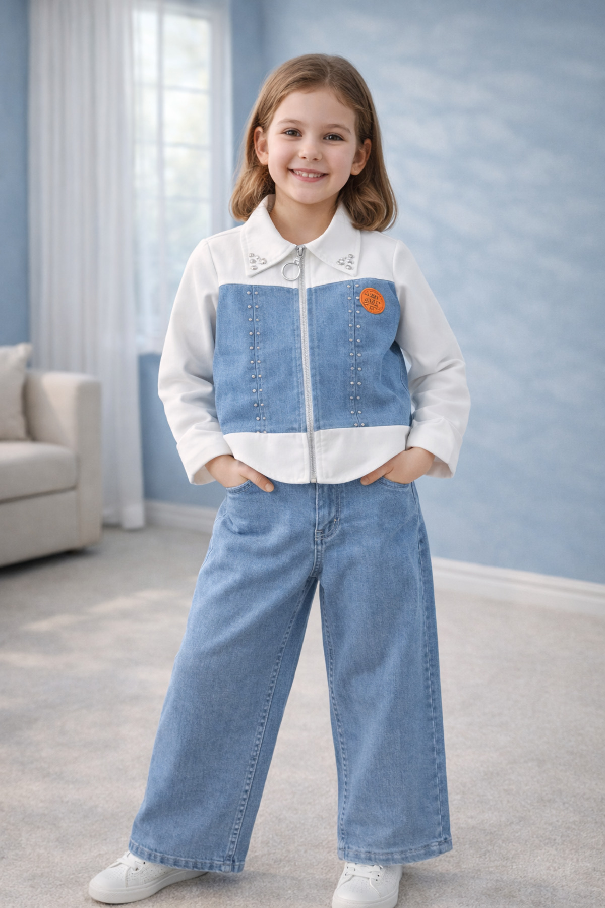 Rhinestone Denim Piece Zippered Shirt Wide Leg Flexible Blue Jeans Trousers Holiday Holder