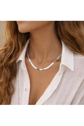 VogueaStyle Gümüş Renk Yassı Zincir Kolye
