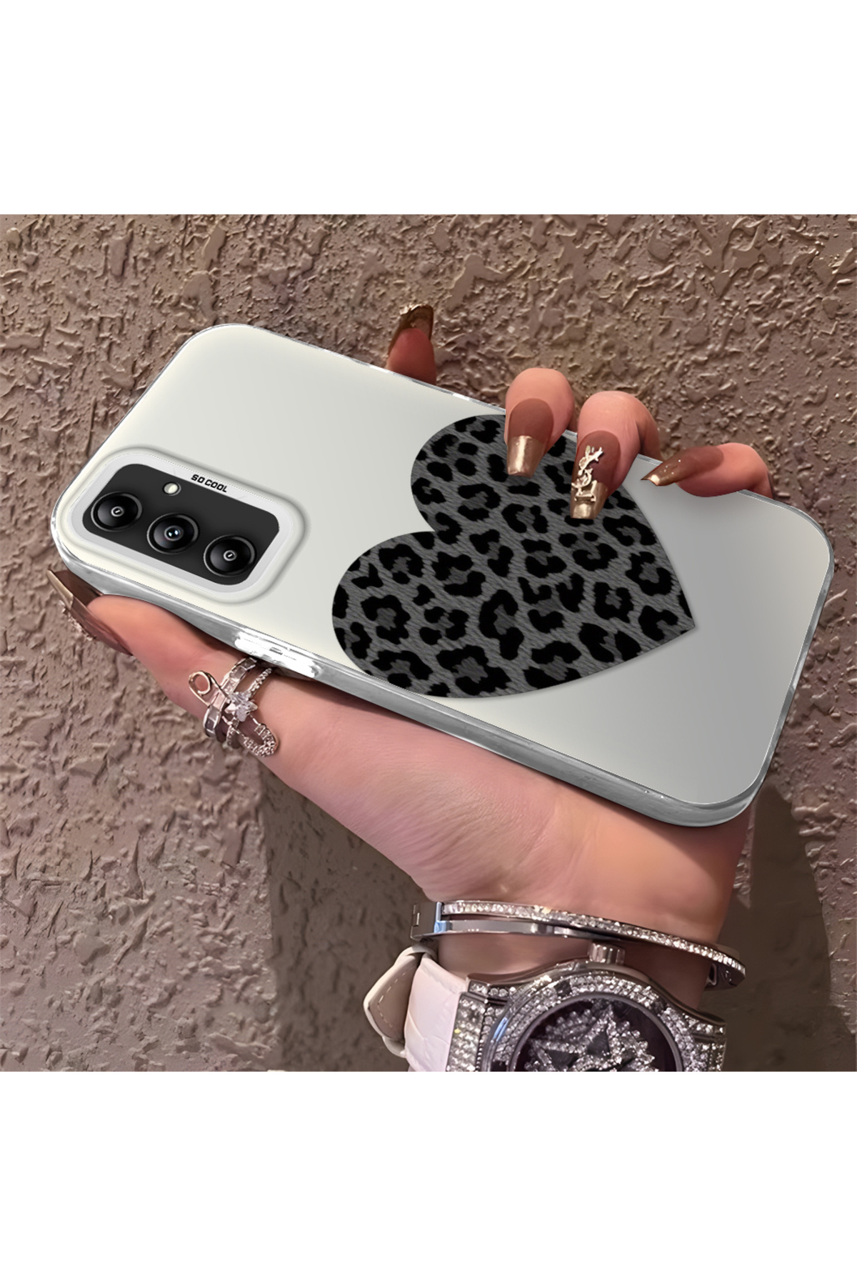 Samsung Galaxy A14 Compatible Silicone Edge Hard Back Anti Fall Phone Case Leopard Heart Pattern