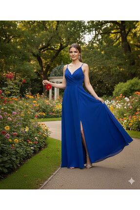 tülaybutik kadın kruvaze yaka askılı uzun yırtmaçlı krep kumaş abiye