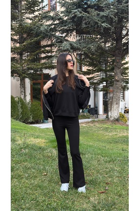 olleo studio Kadın Siyah Yumuşak Tuşe Modal Kumaş İspanyol Paça Eşofman Takımı