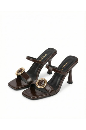 uqpe Talya Gold Halka Tokalı Kadeh Topuklu Terlik - KAHVE KIRIŞIK