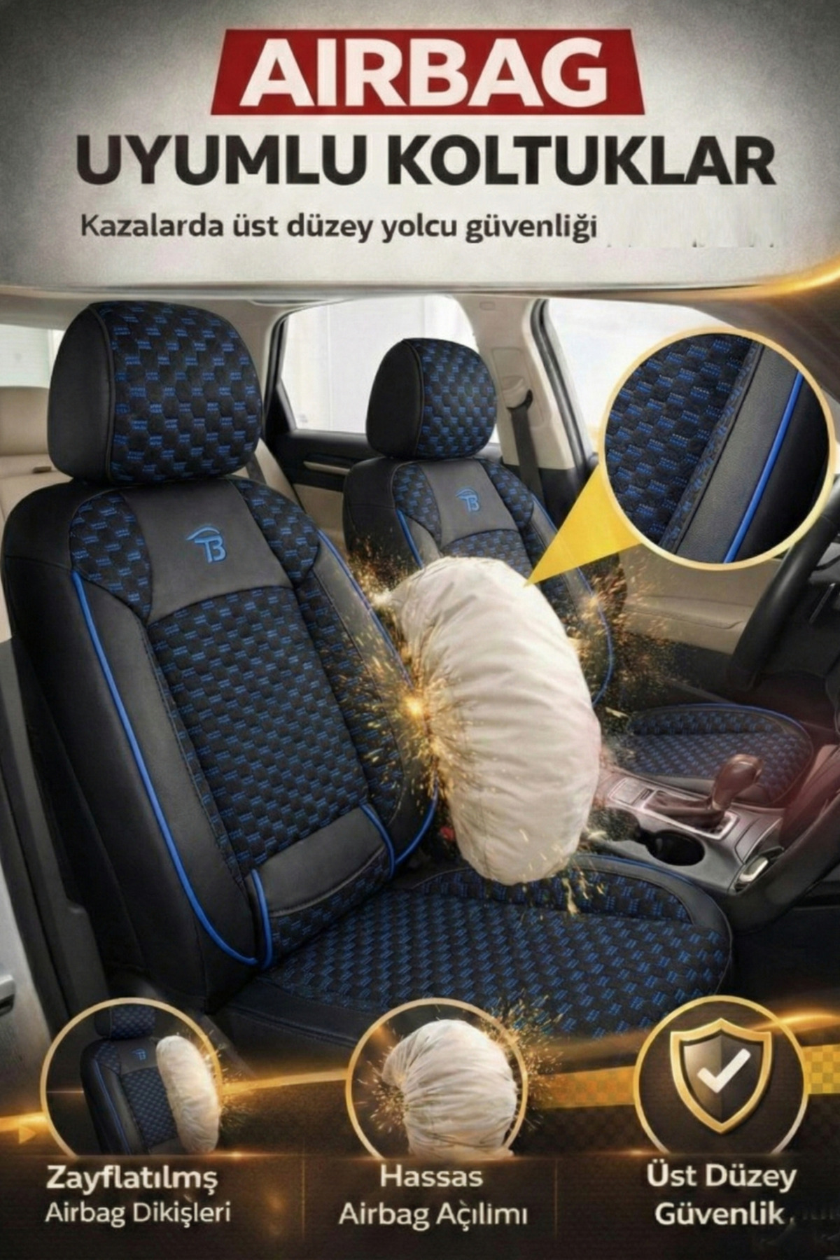 Honda City 2014 ve Sonrası Uyumlu Altay Bel Destekli Tay Tüyü Siyah Mavi Koltuk Kılıfı — alternatif görsel