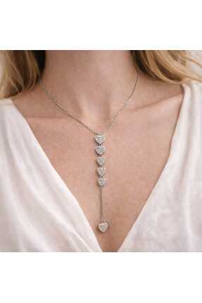 VogueaStyle Silver Taşlı Kalp Detaylı Uzun Kolye