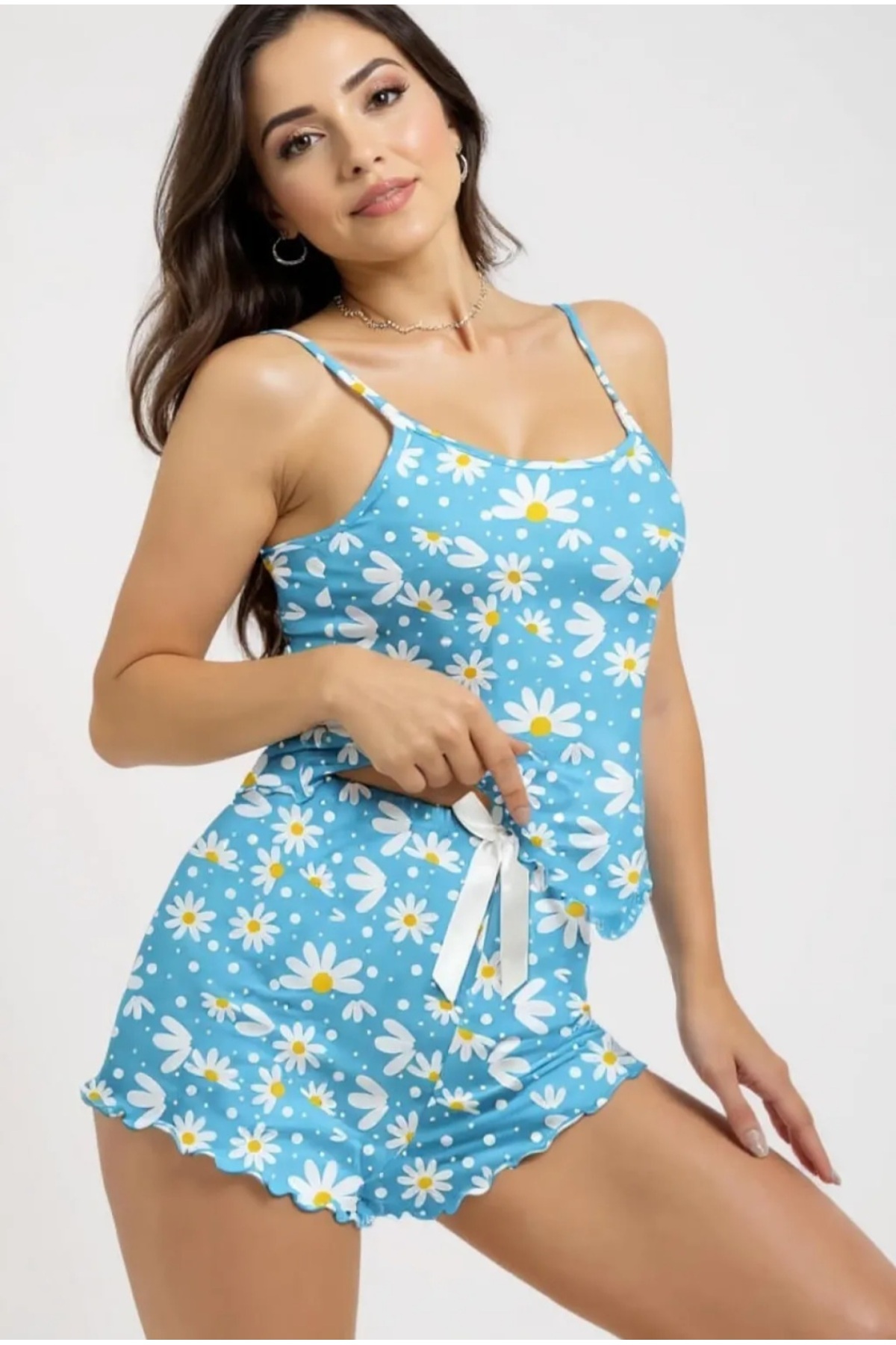 shop Papatya Desenli Mavi Askılı Şortlu Pijama Takımı