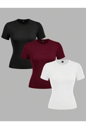 ÖZ PAMUK PAMUKLU Yumuşak Dokulu Rahat Düz Kesim KISA KOLLU 3'LÜ BİSİKLET-YAKA...
