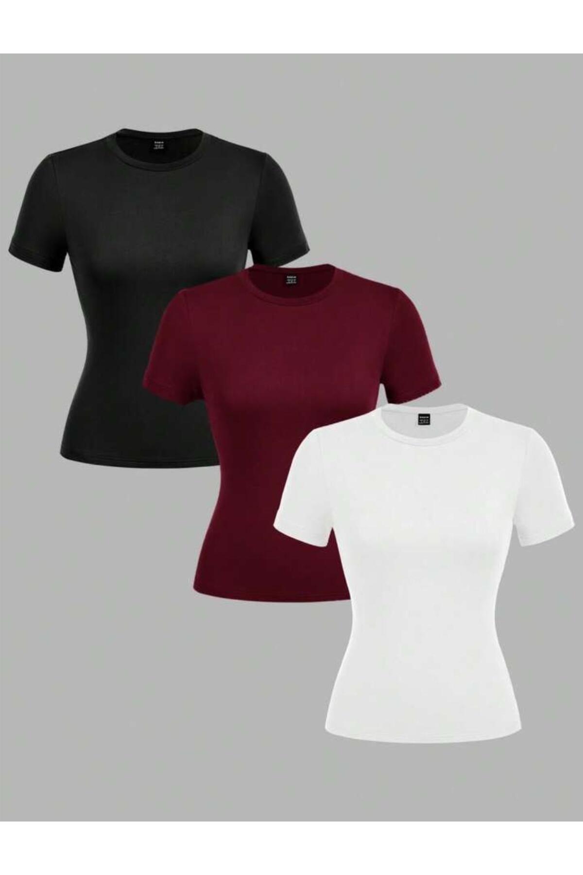 ÖZ PAMUK  PAMUKLU Yumuşak Dokulu Rahat Düz Kesim KISA KOLLU 3'LÜ BİSİKLET-YAKA BLUZ-BODY-TİŞÖRT