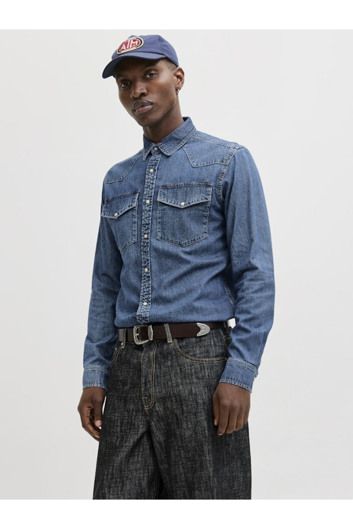 جک اند جونز پیراهن مردانه آبی ۱ Jjewestern مدل At 187 Noos Jean کد ۱۲۲۸۹۲۱۹-BlueD-Mid