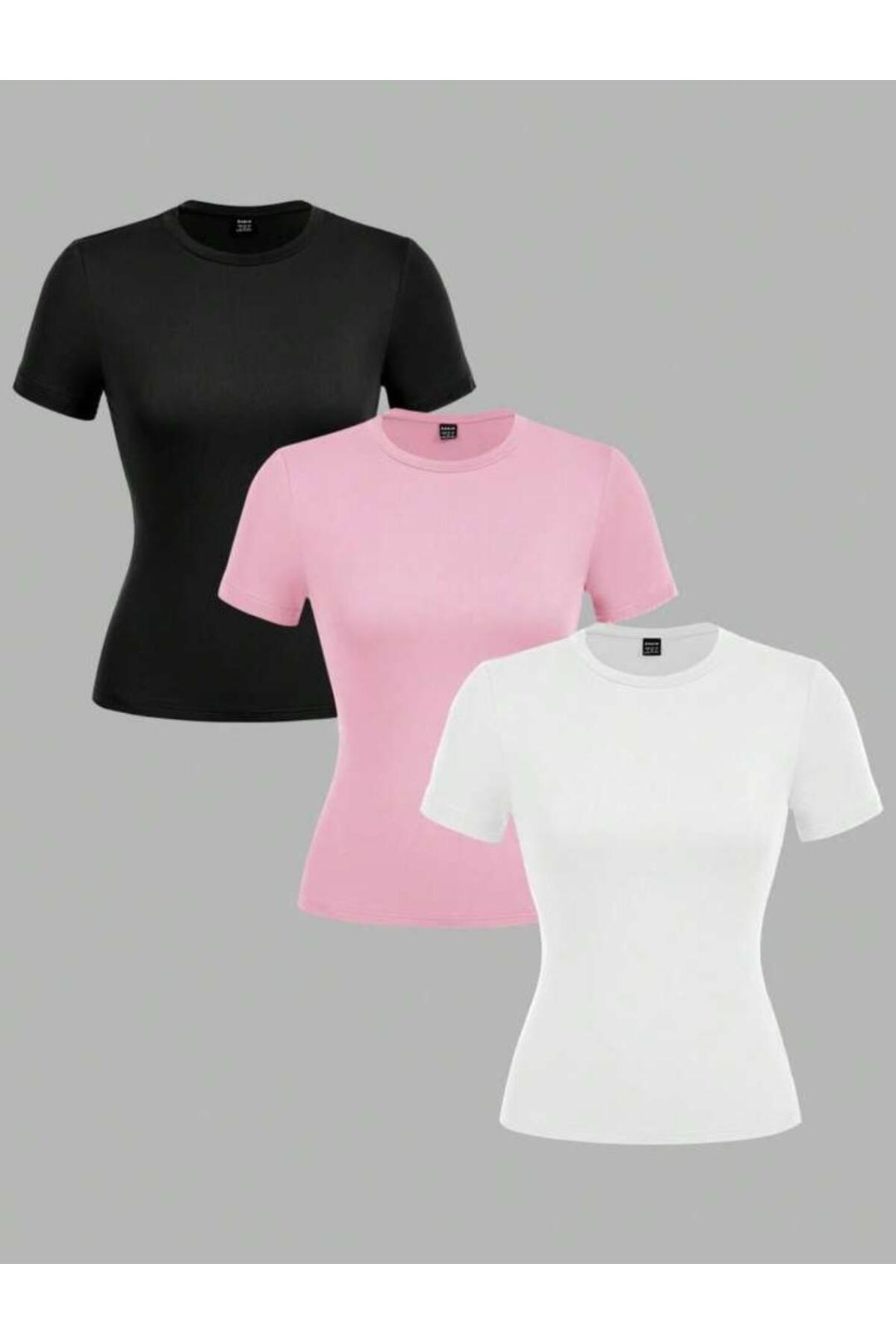 ÖZ PAMUK  PAMUKLU Yumuşak Dokulu Rahat Düz Kesim KISA KOLLU 3'LÜ BİSİKLET-YAKA BLUZ-BODY-TİŞÖRT