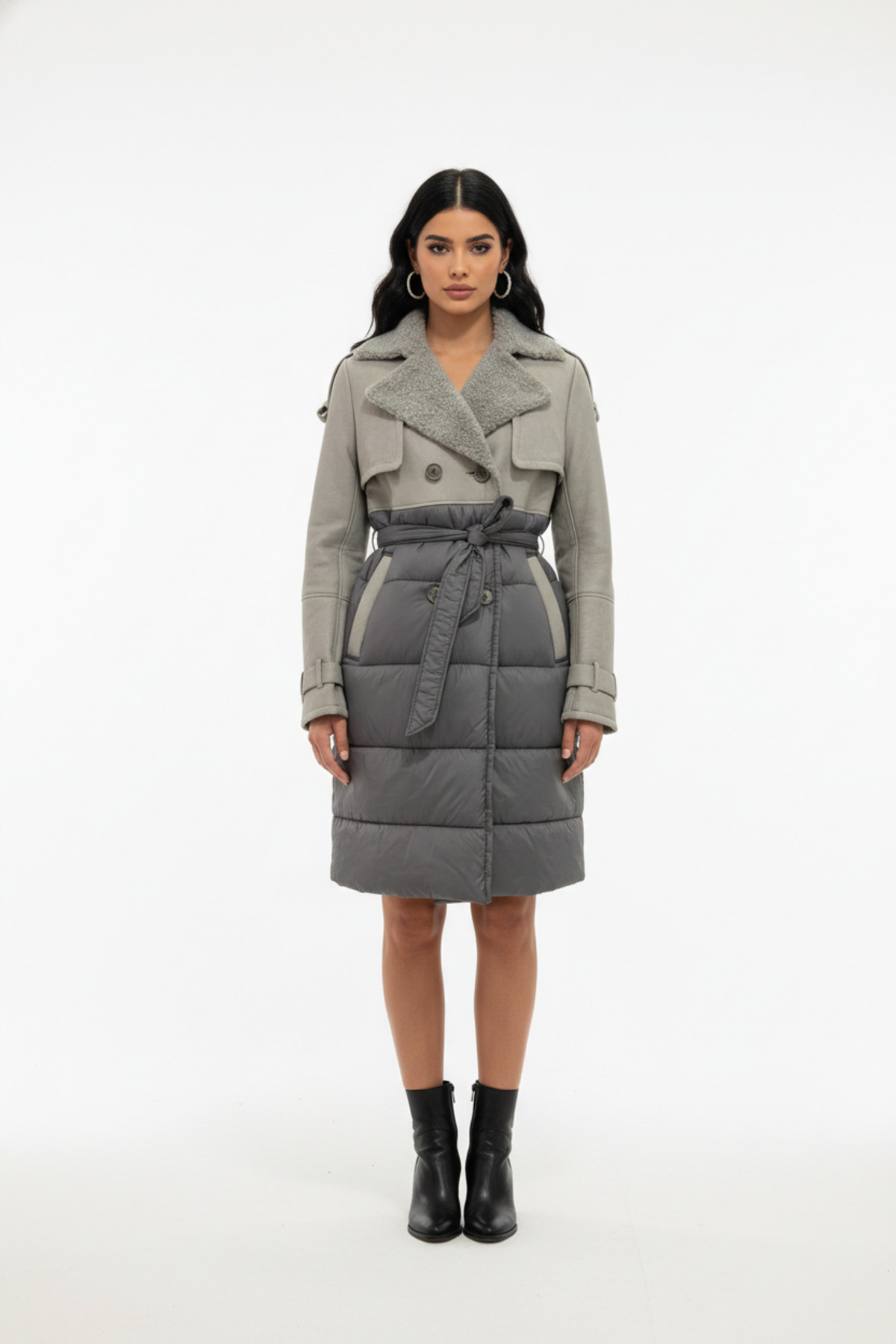 PAOLO FRAMINCO  PF-100 KUZU DERİSİ KOYU BEJ ŞİŞME KUMAŞLI UZUN PALTO