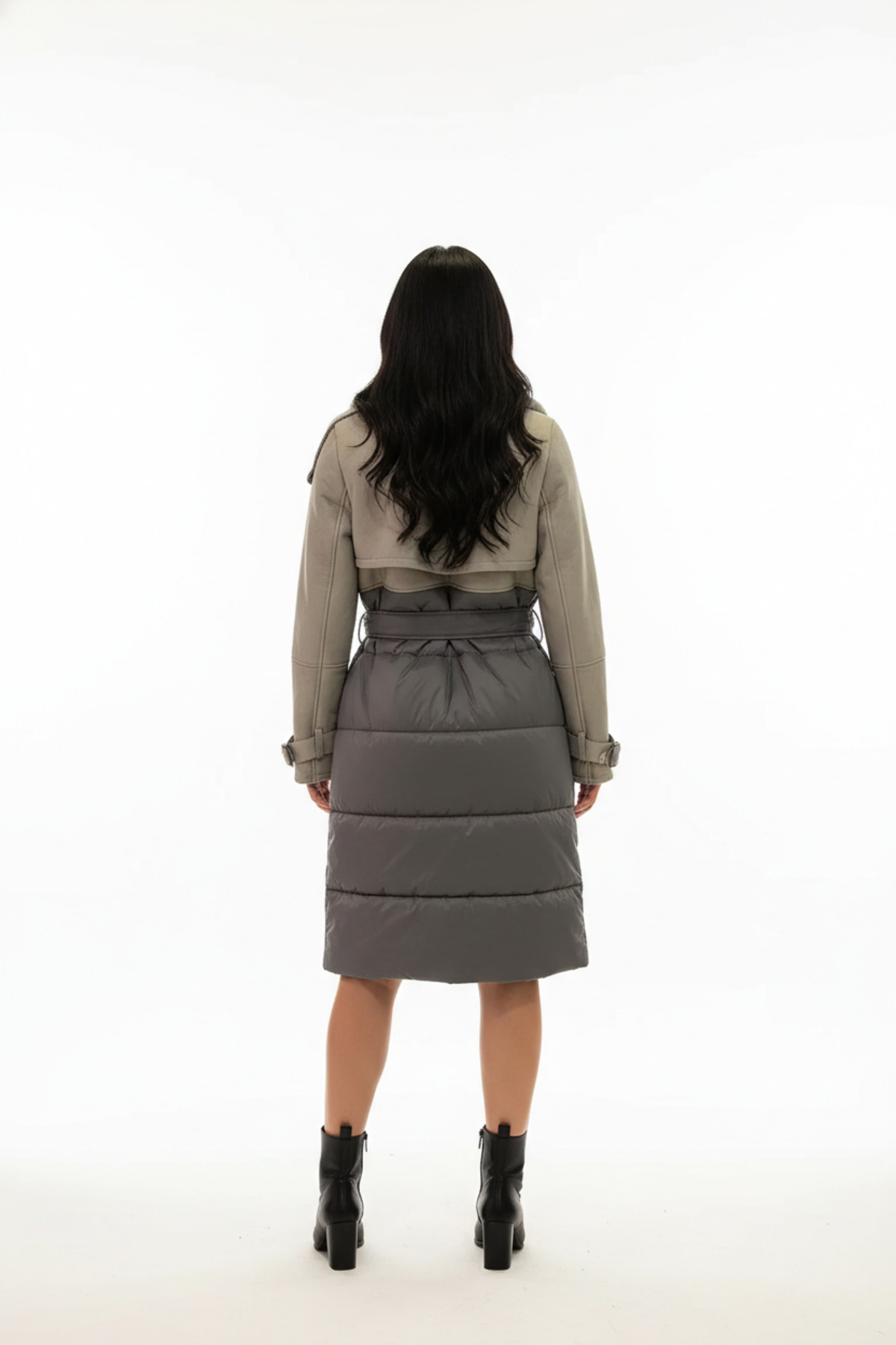 PAOLO FRAMINCO  PF-100 KUZU DERİSİ KOYU BEJ ŞİŞME KUMAŞLI UZUN PALTO - Görsel 2