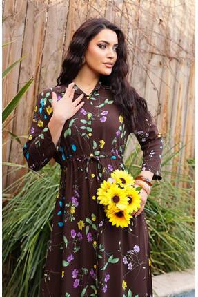 Cannes Essia Kadın Belden Bağlamalı Çiçek Desenli Gömlek Kahverengi Elbise