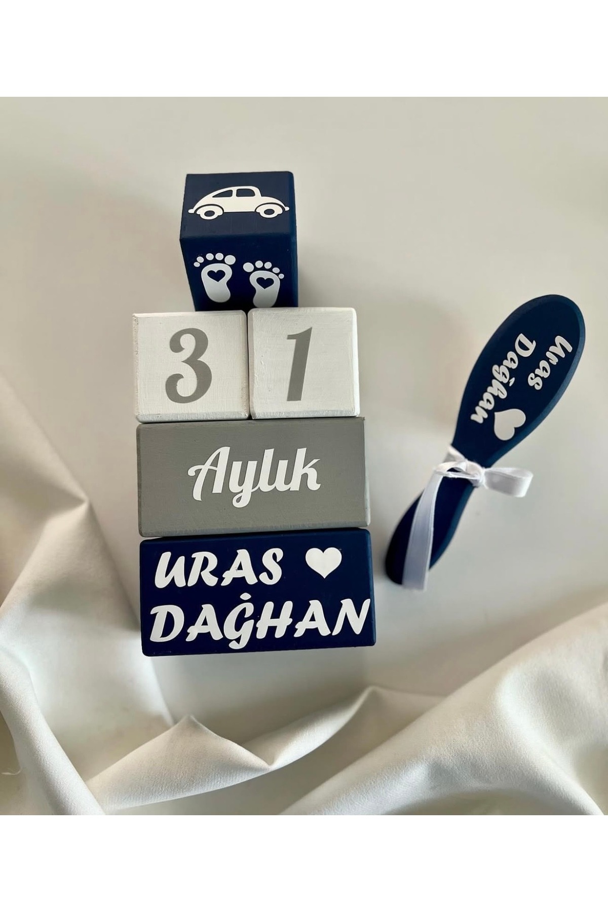 Lacivert beyaz anı küpü isim küpü doğal keçi kılı tarak