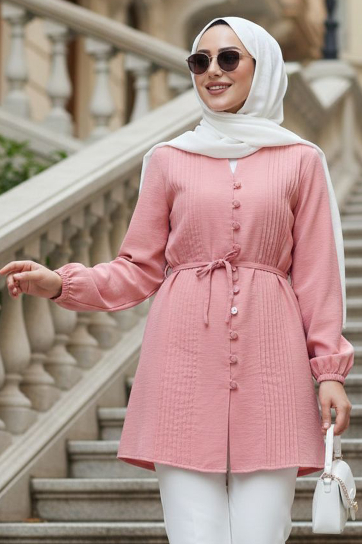 N.S NEVA STYLE  Pile Detaylı Pudra Tesettür Tunik 20299PD