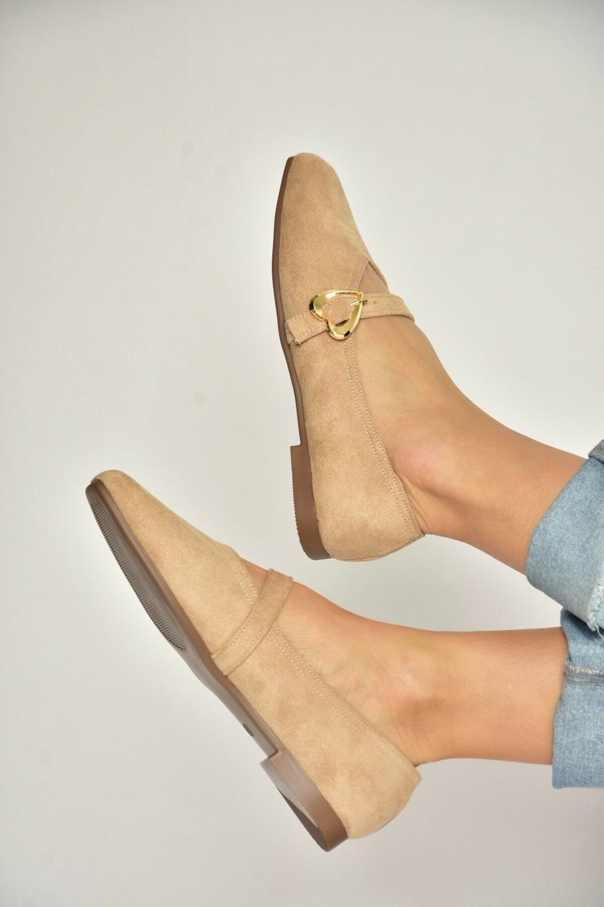 Fox Shoes Y726632602 Ten Süet Kalp Toka Detaylı Kadın Babet görsel 2