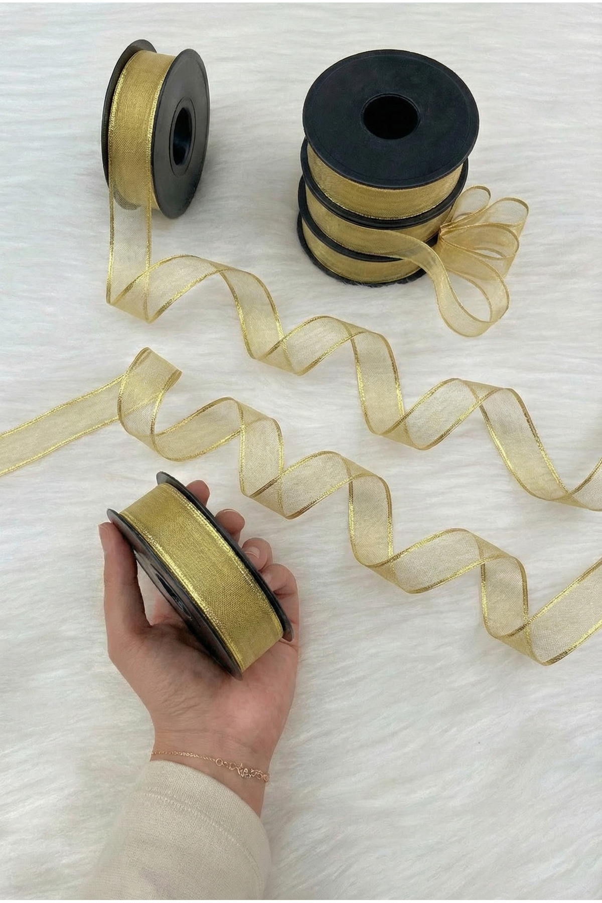 Gold Silvery Chiffon Ribbon 2.5 cm 20 mt, Bride, Groom, Bundle, Engagement, Dowry, Special Day, Gift, Decoration