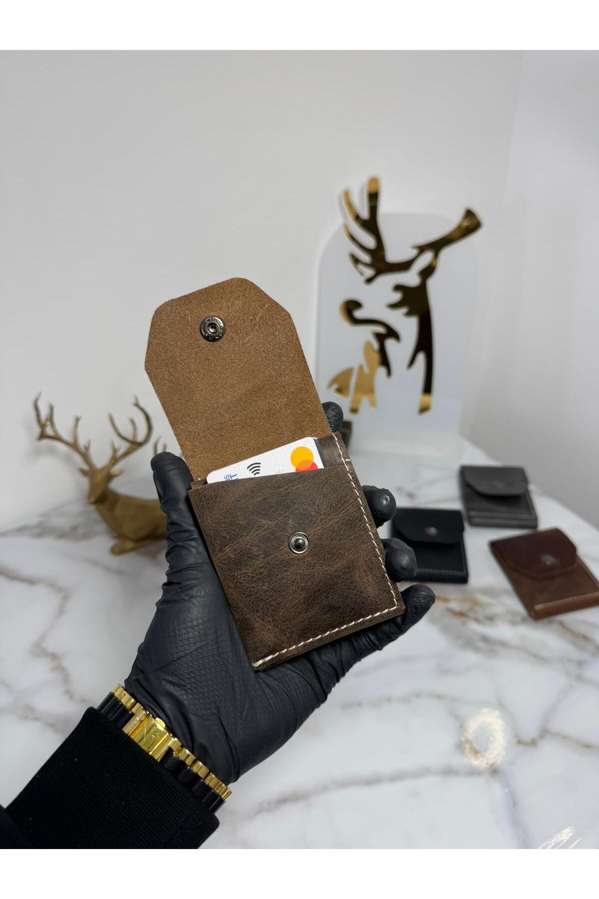 SANAT %100 Hakiki Crazy Deri El yapımı Minimalist Cüzdan - Para Portföyü Şık Kaliteli Triod Kartlık Cüzdan