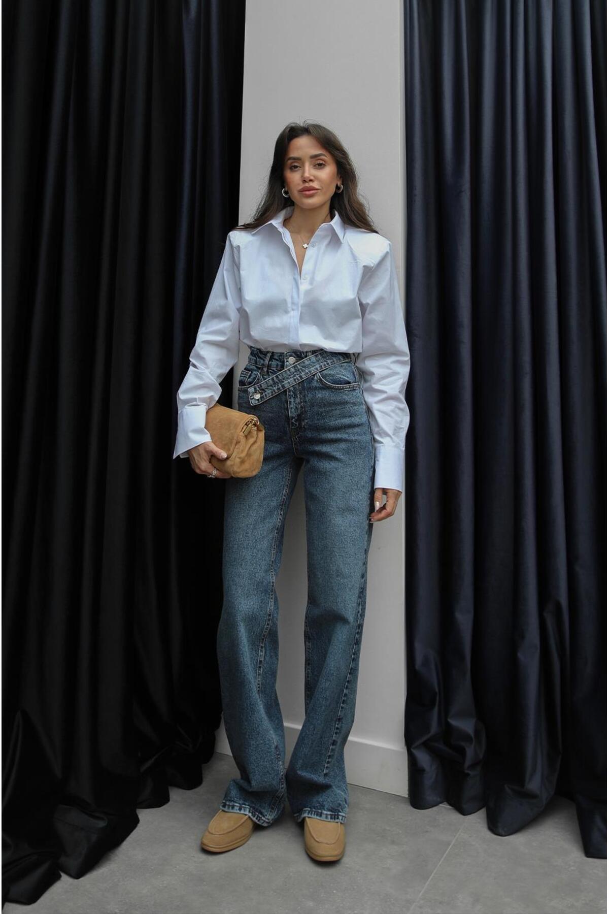 Havoş Σκούρο Μπλε Σταυρός Με λεπτομέρεια ζώνης Τζιν