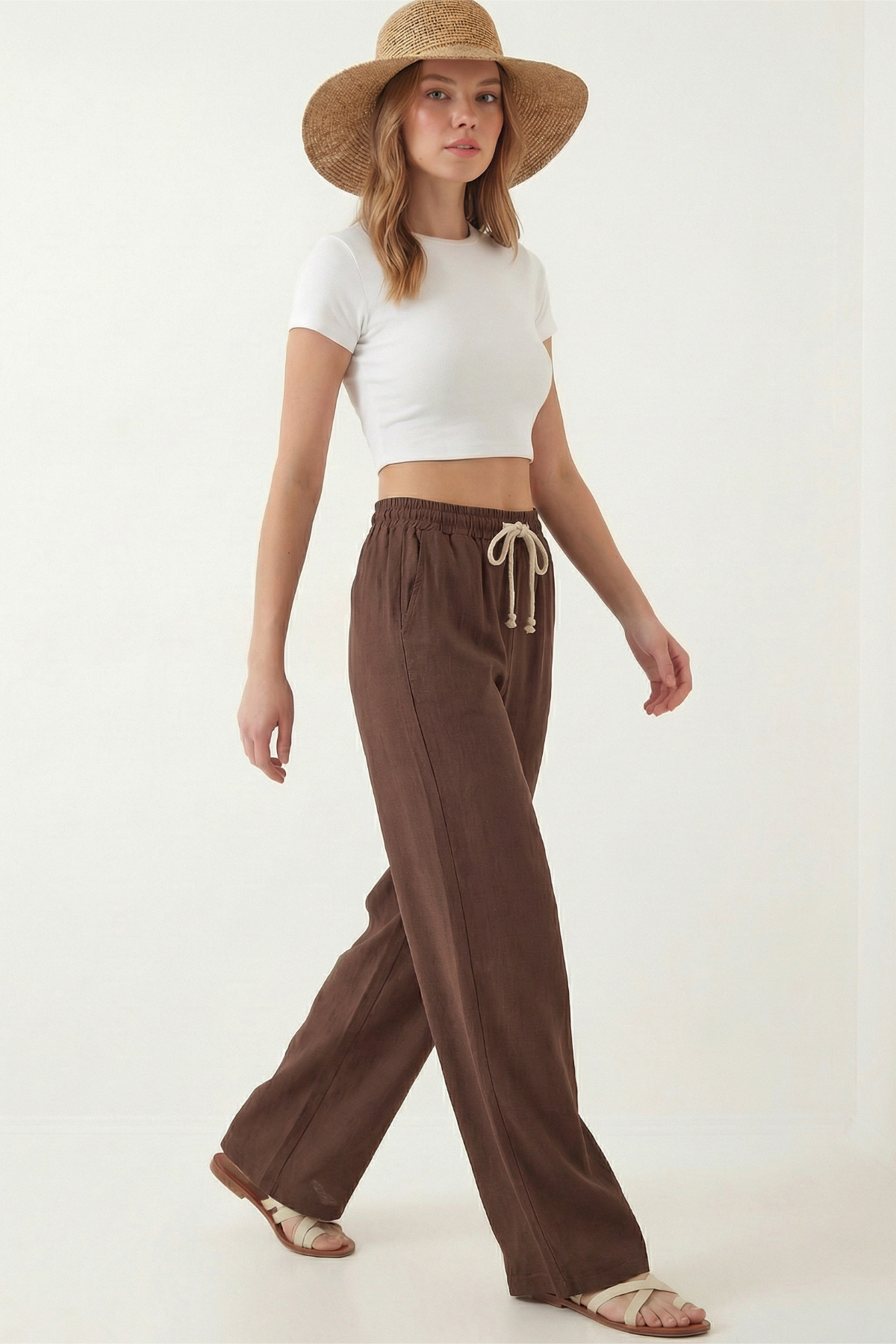 Veleno  Kadın Palazzo Pantolon Müslin Kahverengi Geniş Paça Yüksek Bel - Görsel 4