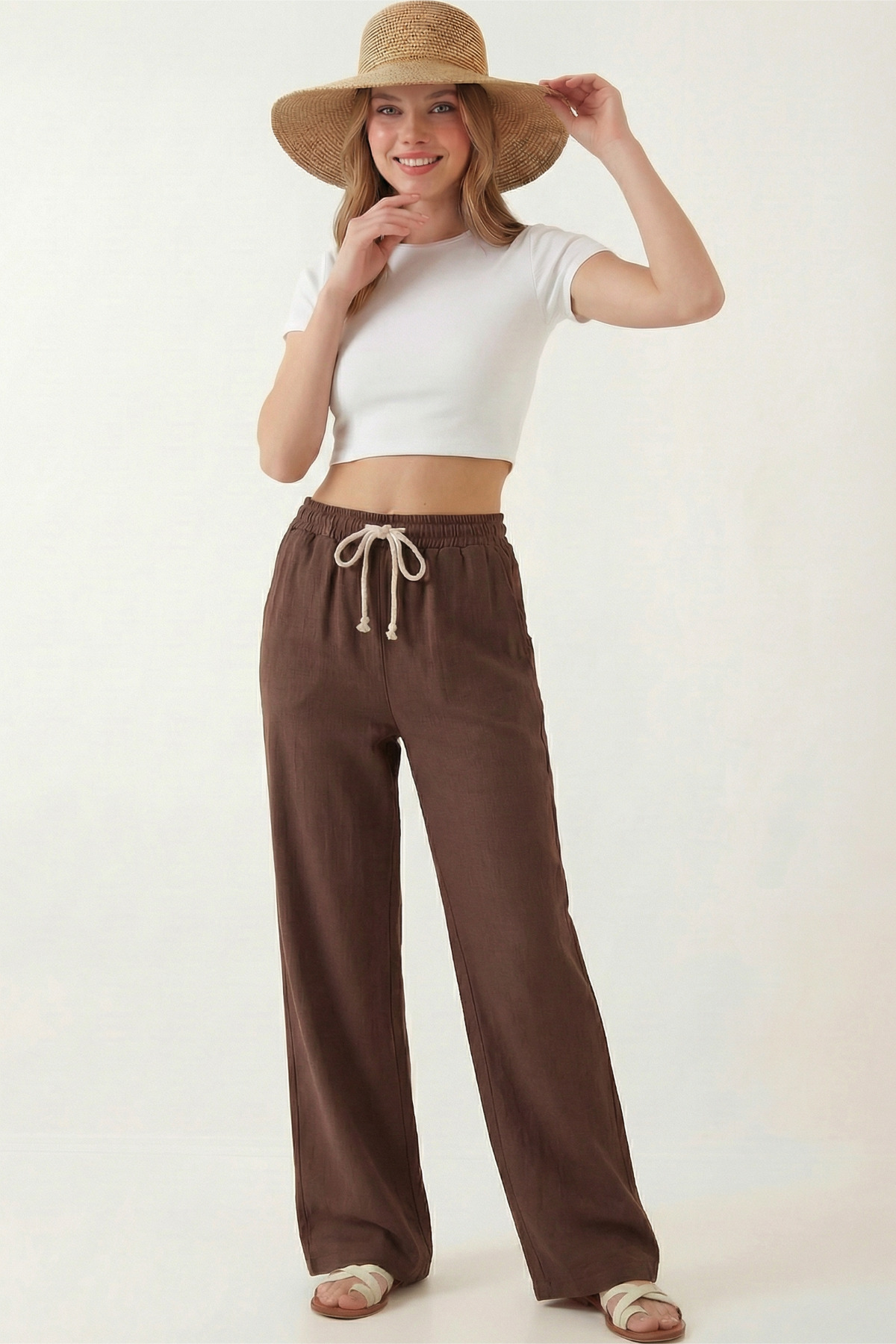 Veleno  Kadın Palazzo Pantolon Müslin Kahverengi Geniş Paça Yüksek Bel - Görsel 3