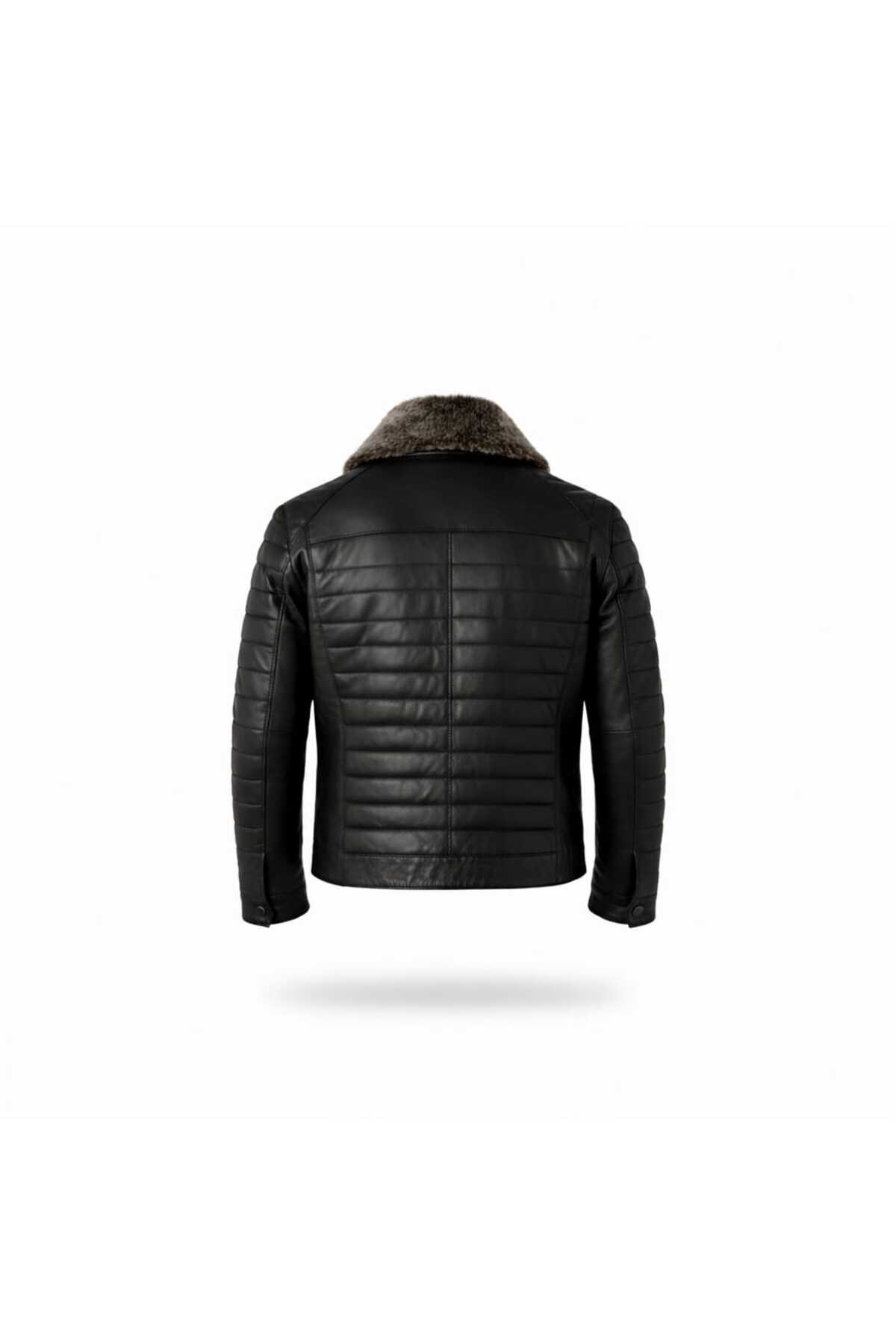 MODA  Erkek Siyah Yakası Çıkarılabilir Kürklü Fermuarlı İçi Astarlı Hakiki Deri Mont Ceket - Görsel 4
