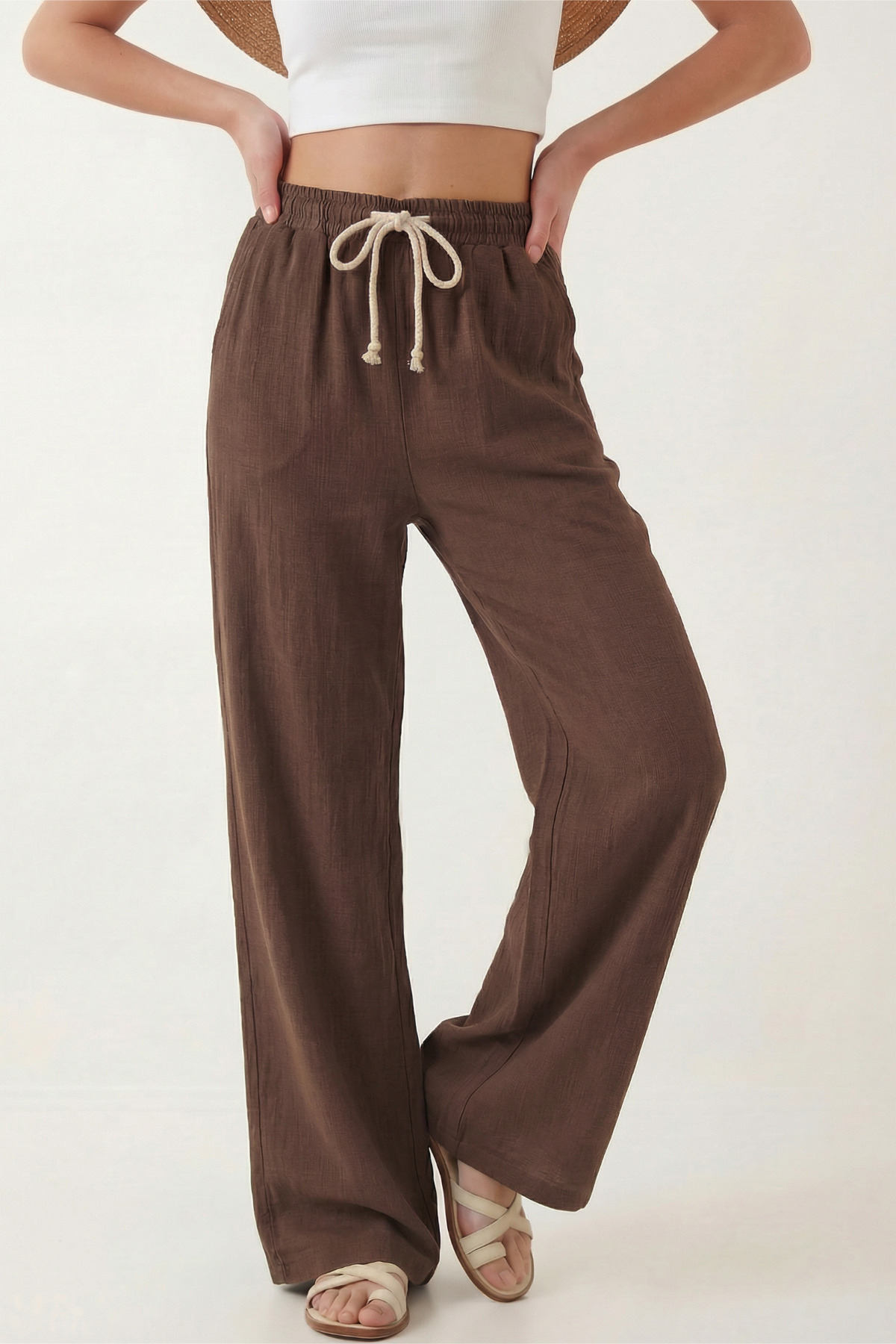 Veleno  Kadın Palazzo Pantolon Müslin Kahverengi Geniş Paça Yüksek Bel
