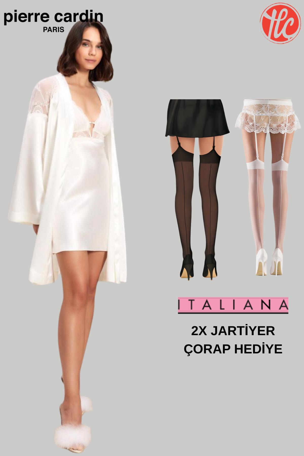 Pierre Cardin Büyük Beden Kadın 6'lı Saten Gecelik Sabahlık Pijama Takım Şort Takım Gelin Çeyiz Set