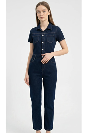 cemo Kadın Denim Gömlek Yaka Kısa Kollu Düğmeli Tulum