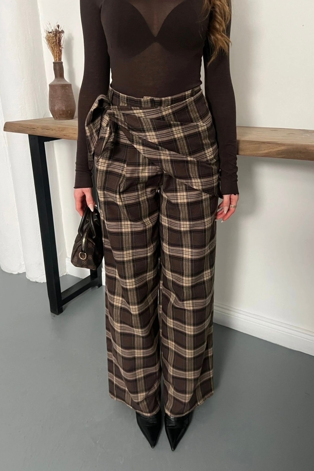 Moderk  BSK Fular Detaylı Ekoseli Tailored Fit Pantolon - Görsel 4