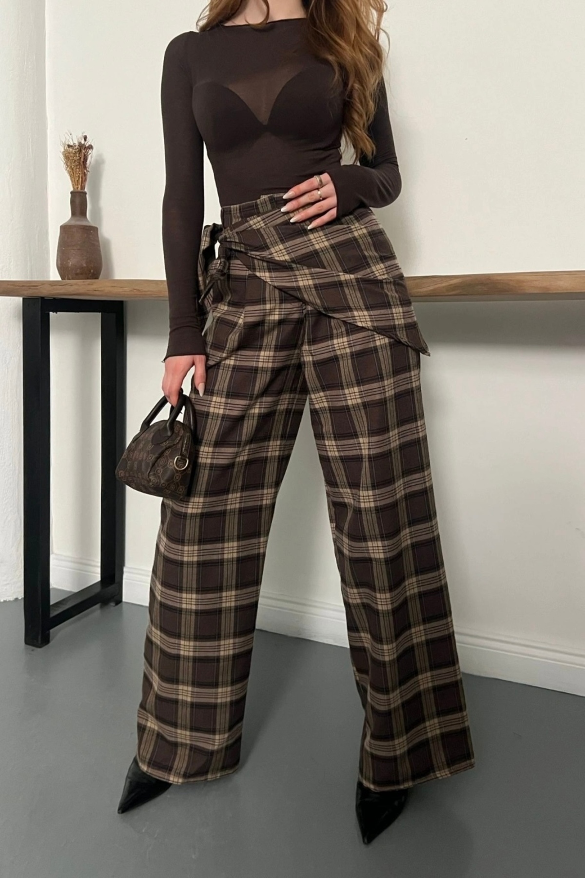 Moderk  BSK Fular Detaylı Ekoseli Tailored Fit Pantolon - Görsel 5