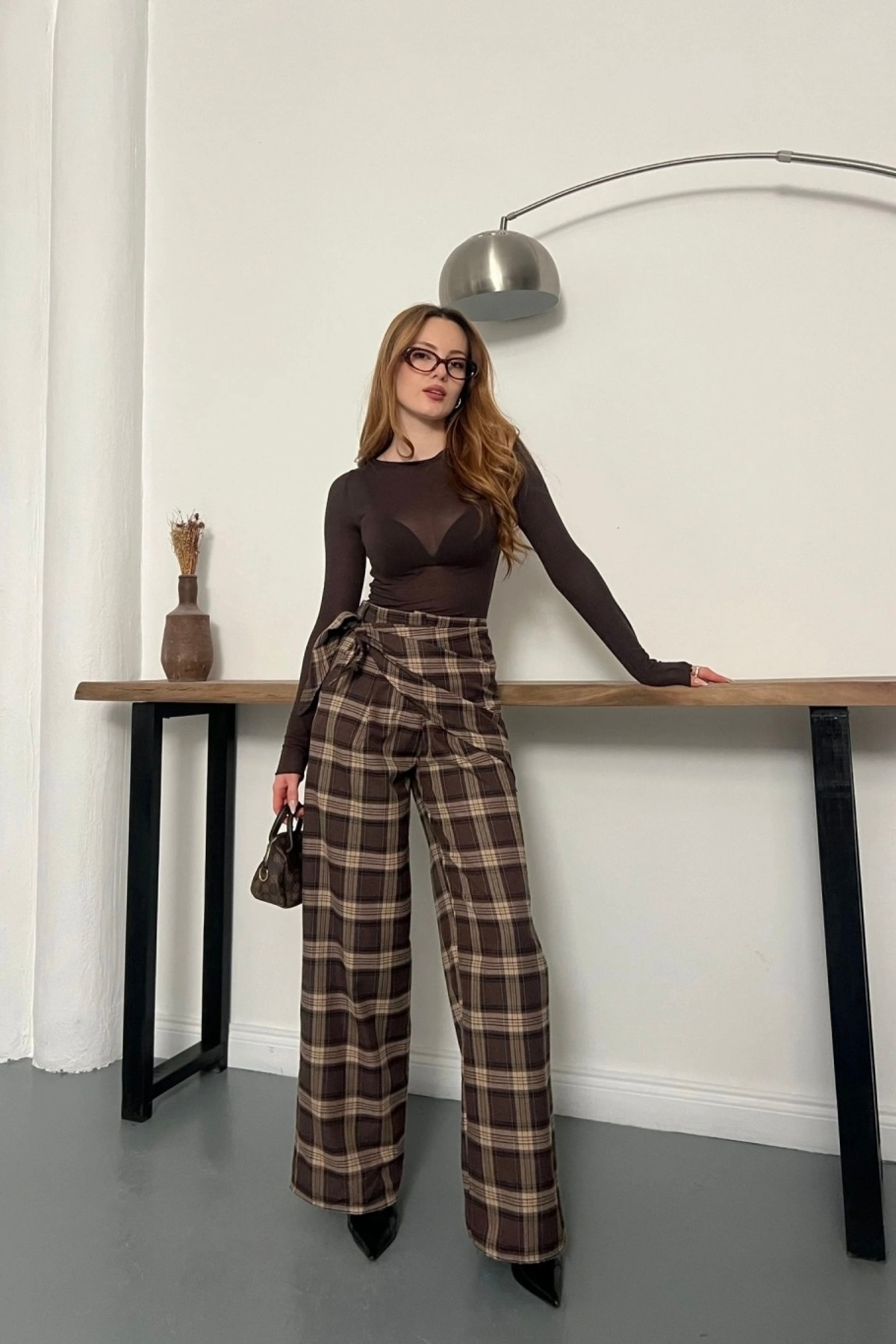 Moderk  BSK Fular Detaylı Ekoseli Tailored Fit Pantolon - Görsel 6