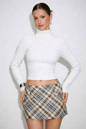 SHEBARA EKOSE DESEN KAPAK CEP DETAYLI STRUCTURED FİT MİNİ ŞORT ETEK