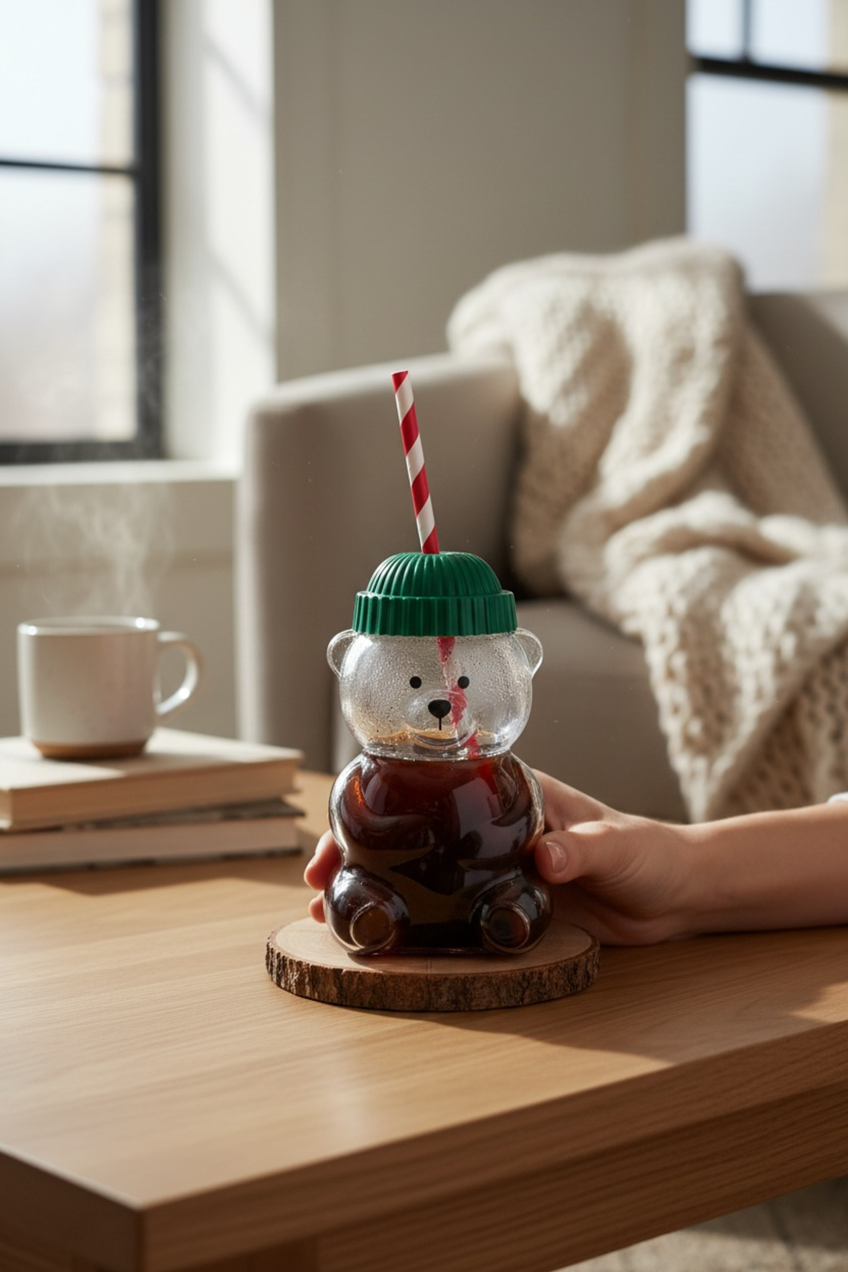 Teddy Bear Ayıcıklı Yeşil Şapka Kapaklı Kırmızı Pipetli Barista Cam Bardak/ Ayıcıklı Fenomen Bardak