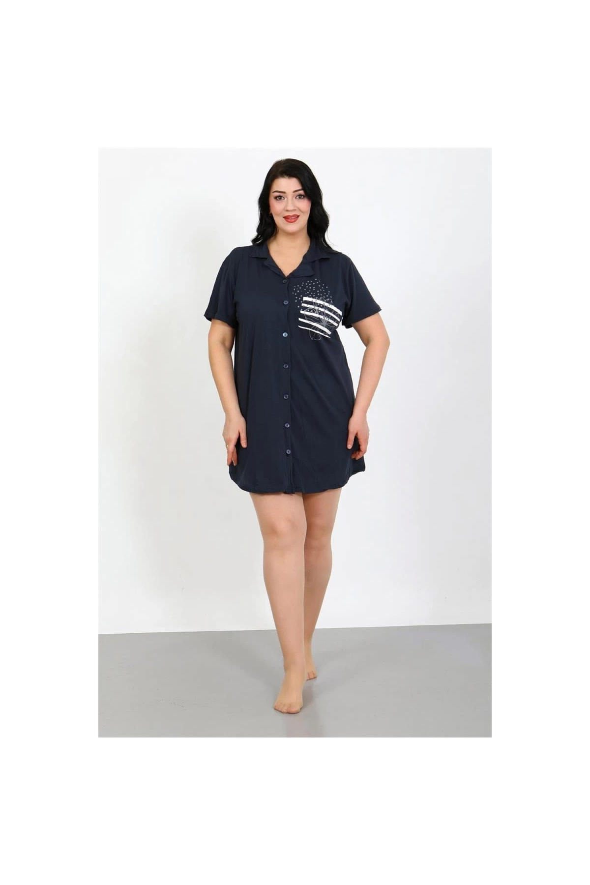Narnuga MİRAY- Büyük Beden Penye Düğmeli Lacivert Tunik Gecelik