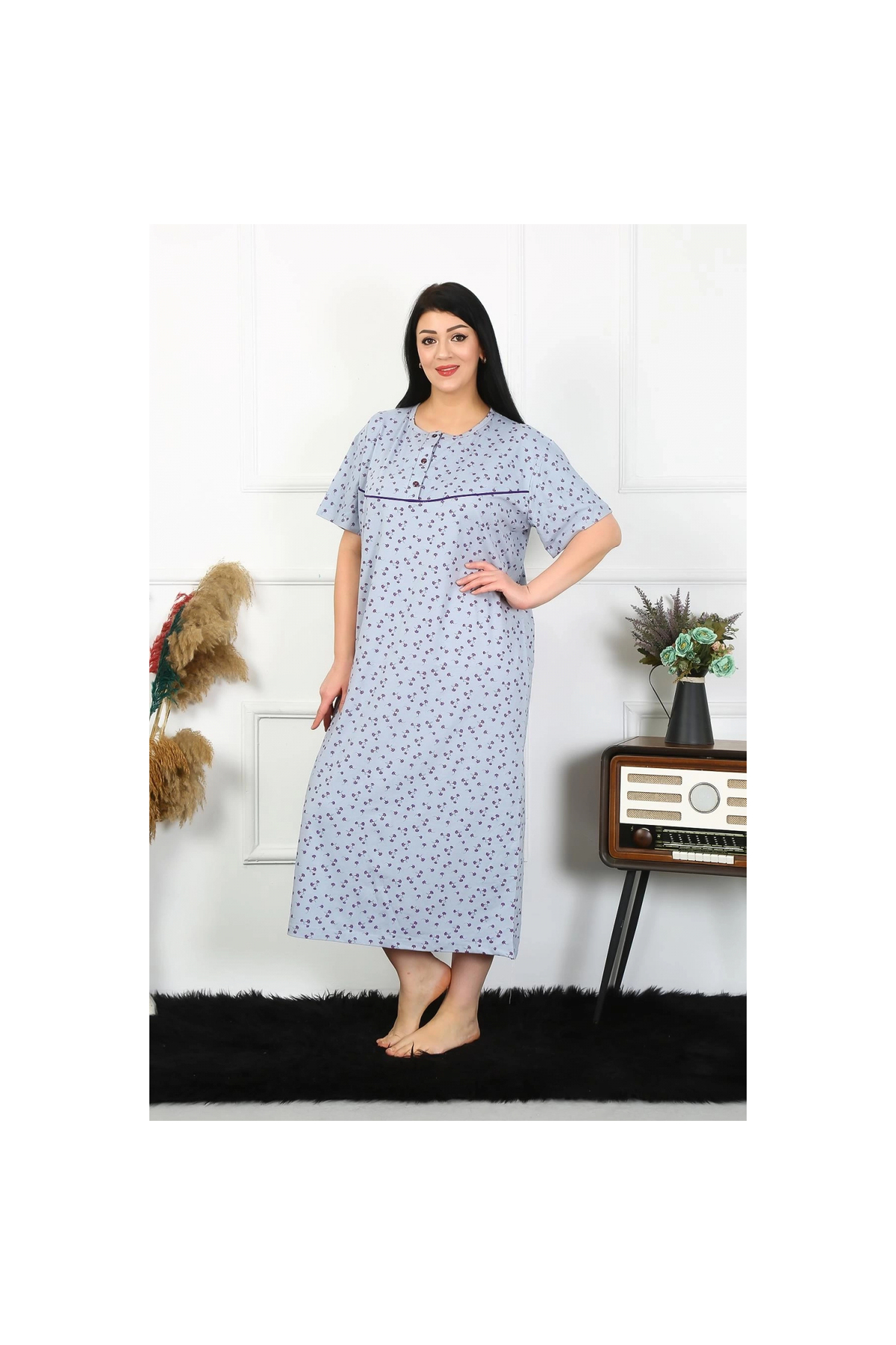 Narnuga MİRAY- Kadın Büyük Beden Kısa Kol İndigo Anne Gecelik