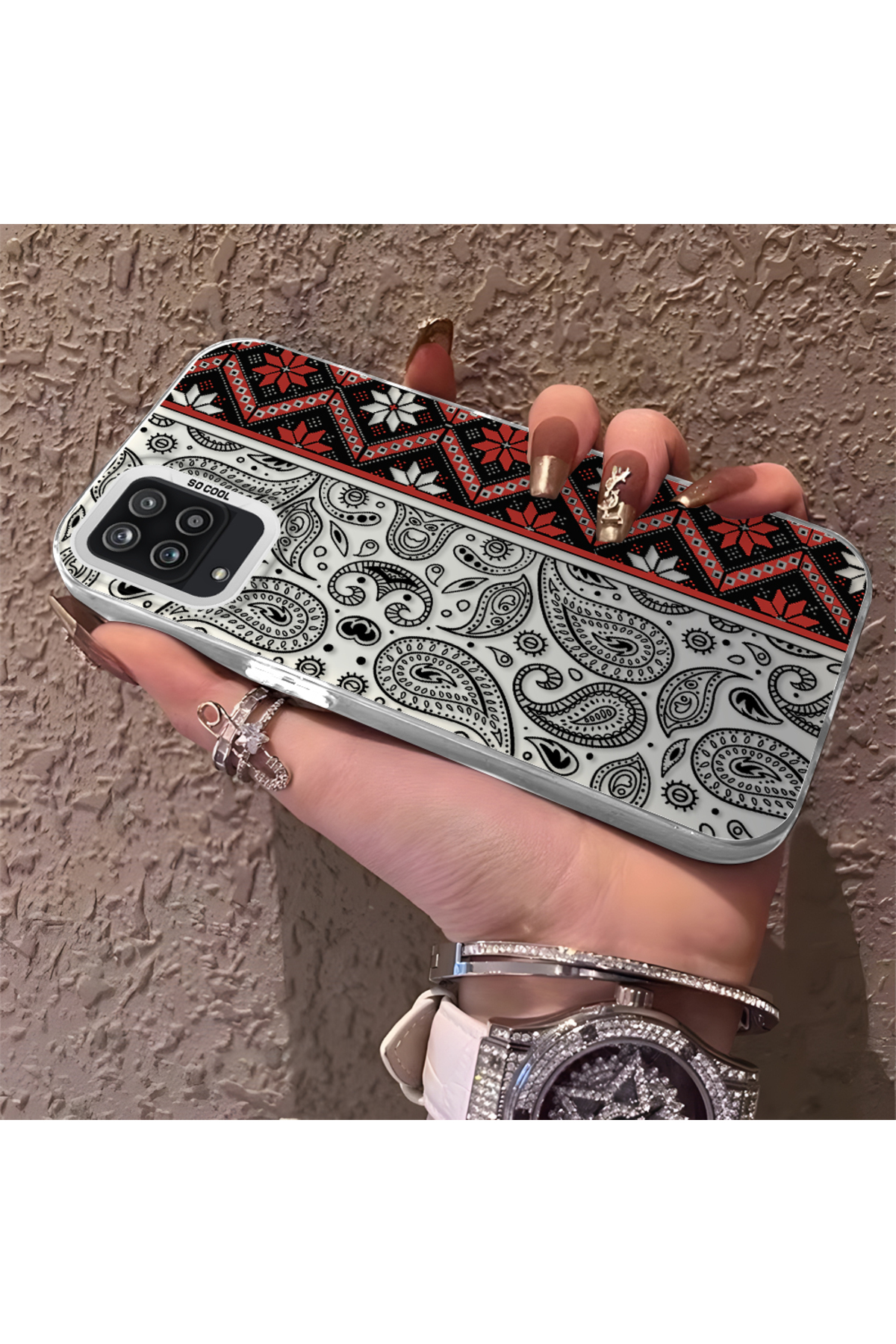 Samsung Galaxy A12 Compatible Rug Patterned Silicone Edge Hard Back Anti Fall Phone Case