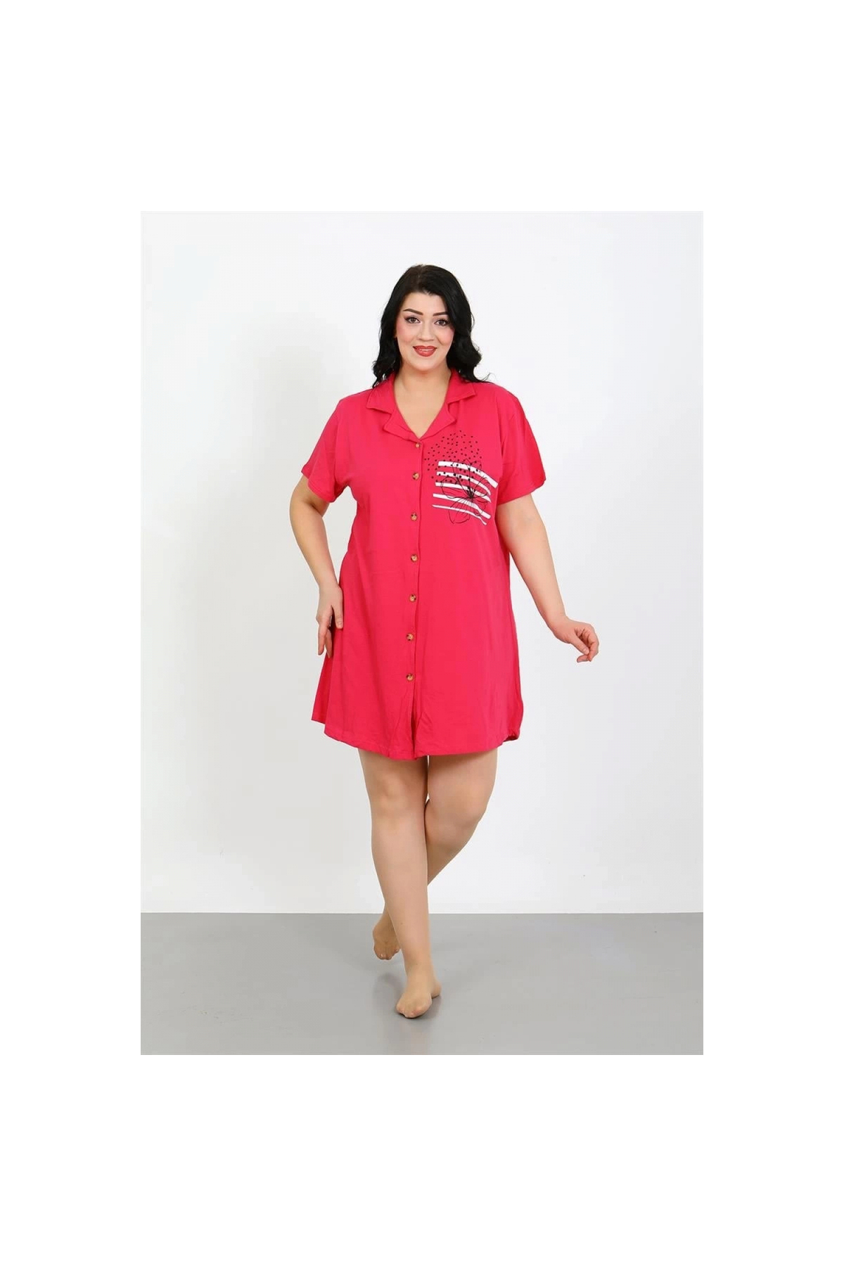 Narnuga MİRAY- Büyük Beden Penye Düğmeli Fuşya Tunik Gecelik