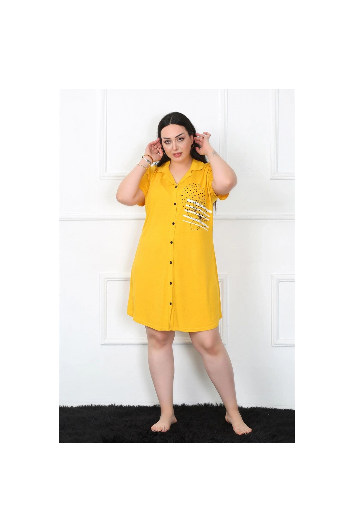 Narnuga MİRAY- Büyük Beden Penye Düğmeli Sarı Tunik Gecelik