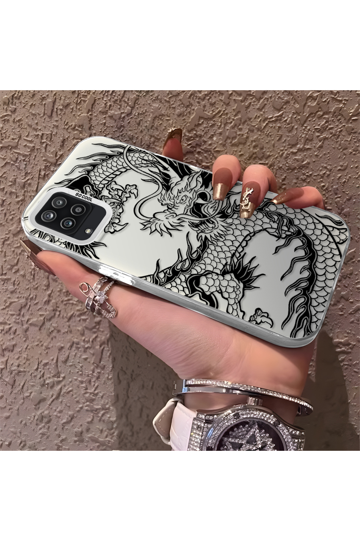 Samsung Galaxy A12 Compatible Silicone Edge Hard Rear Anti Fall Phone Case with Dragon Pattern