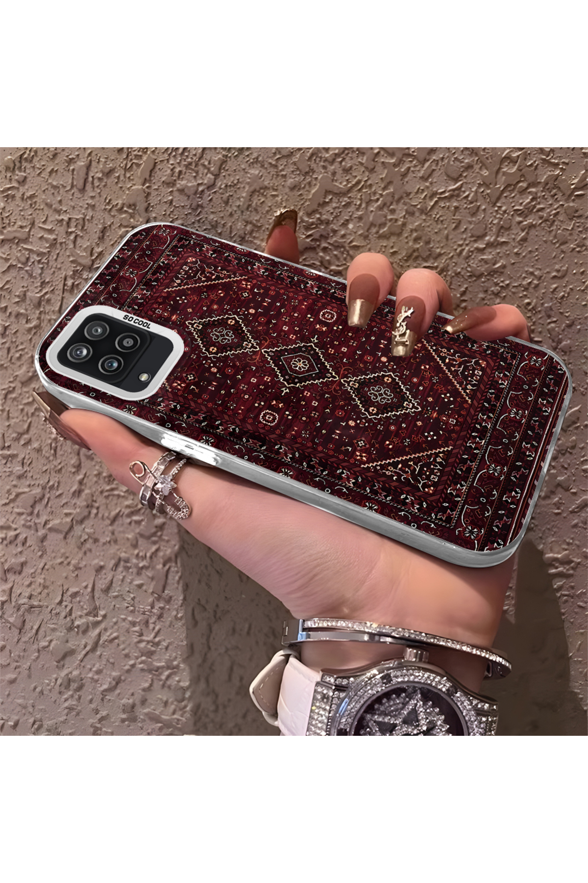 Samsung Galaxy A12 Compatible Silicone Edge Hard Back Anti Fall Phone Case Rug Pattern