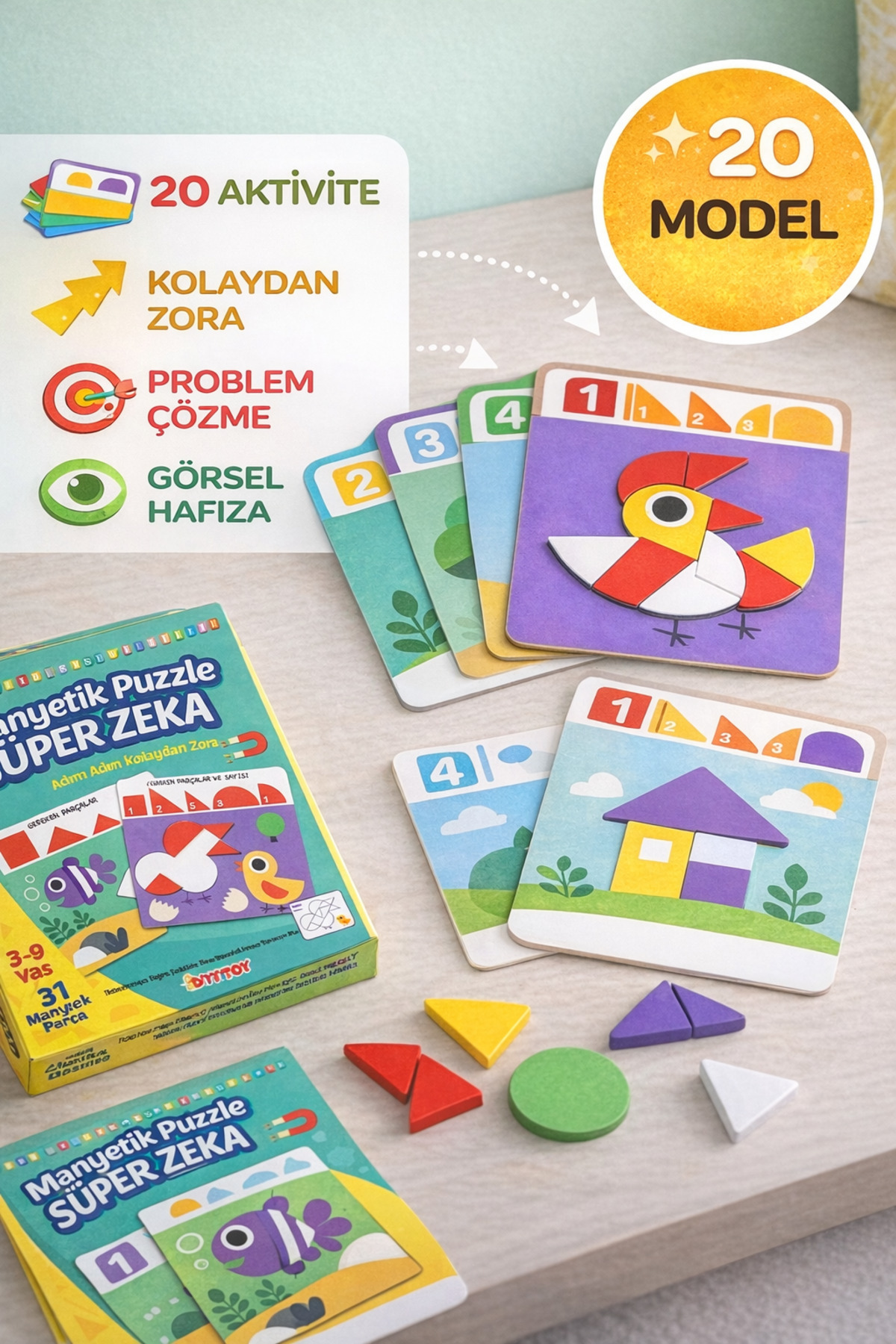 TOYFEST Manyetik Puzzle Süper Zeka Oyunu 3+ Yaş Eğitici Manyetik Şekiller Tangram Seti fotoğrafı 4 (önizleme)