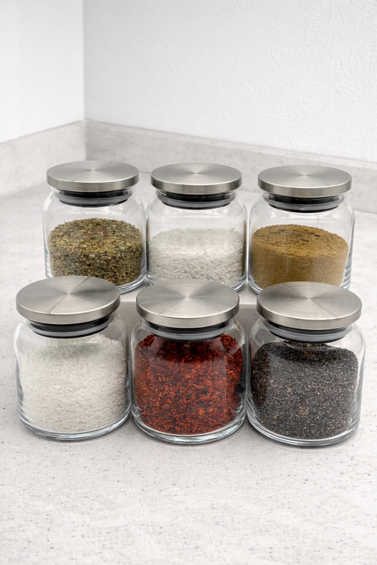 6-Piece 300ml. Vacuum Glass Spice Holder Set with Metal Lid Stainless - Labeled-