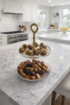 Alika Tekstil 2 Katlı Cam Kurabiye Standı,Dekoratif Sunumluk,Şekerlik