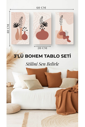 Arzande 3 Parça Bohem Çerçevesiz Modern Seri Kolay Montaj Metal Tablo