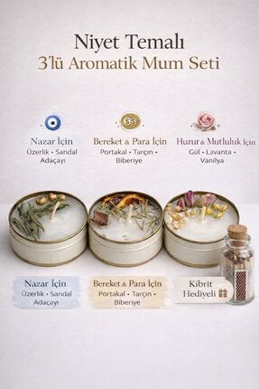 aralmini Niyet Temalı 3’lü El Yapımı Aromatik Mum Seti Nazar, Bereket & Huzur...